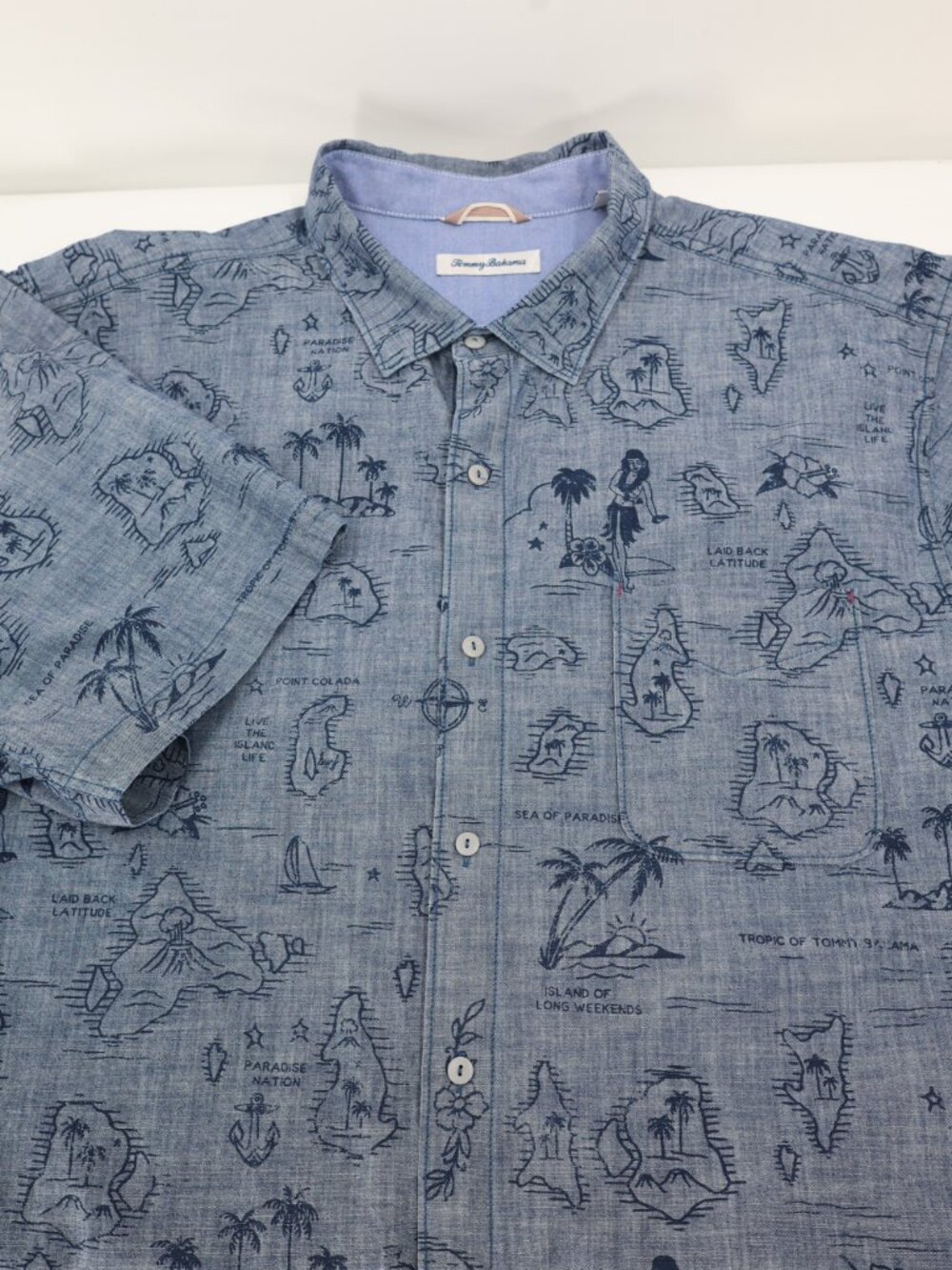 Tommy Bahama Hawaiian Shirt Mens 2XL Island Hula girl Print Cotton chambray Blue